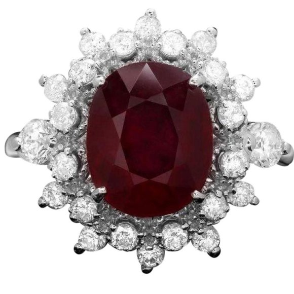 4.10Ct Natural Red Ruby & Diamond 14KW Gold Ring